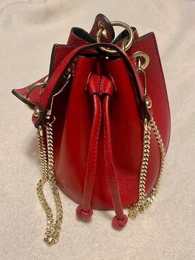 Red Leather Drawstring Bucket Bag with Gold Chain
